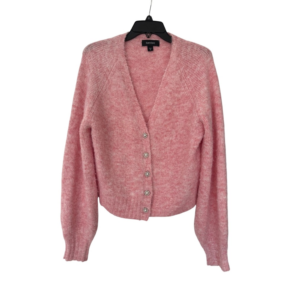 🌴 Karen Kane Pink Fuzzy Marl V-Neck Cardigan Pearl Button Sweater Medium